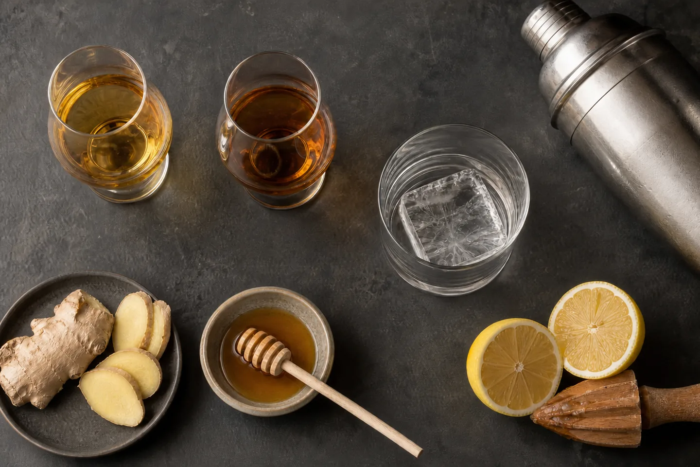 Ingredientes y dos perfiles de whisky para preparar un cóctel Penicillin