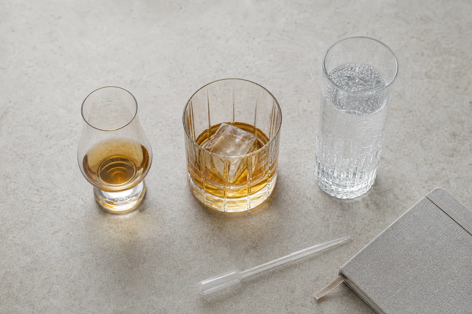 Copa de cata, vaso bajo con hielo y highball con soda