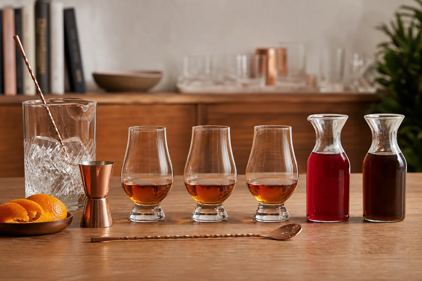 Tres perfiles de whiskey junto a los ingredientes de un Boulevardier