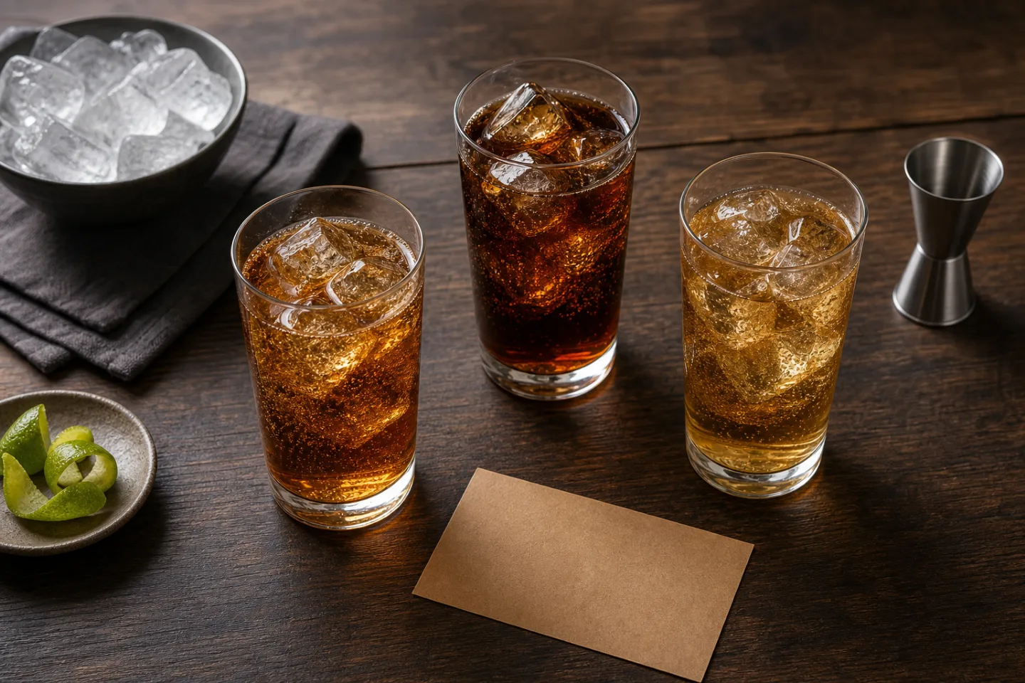 Comparativa editorial de tres estilos de whisky con cola