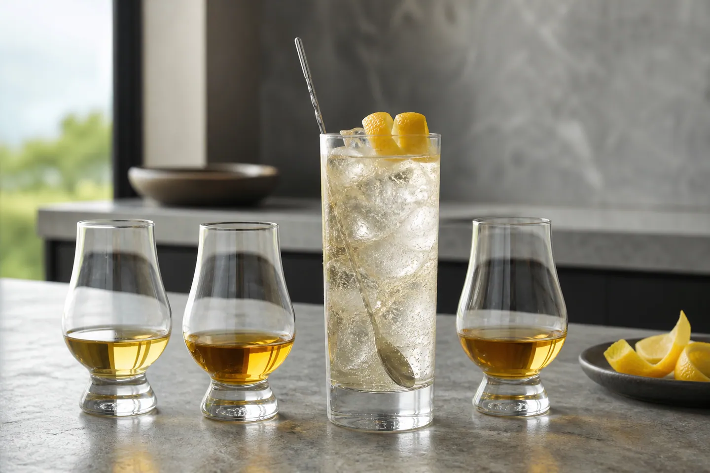 Comparación editorial de tres perfiles de whisky junto a un Highball con hielo y piel de limón