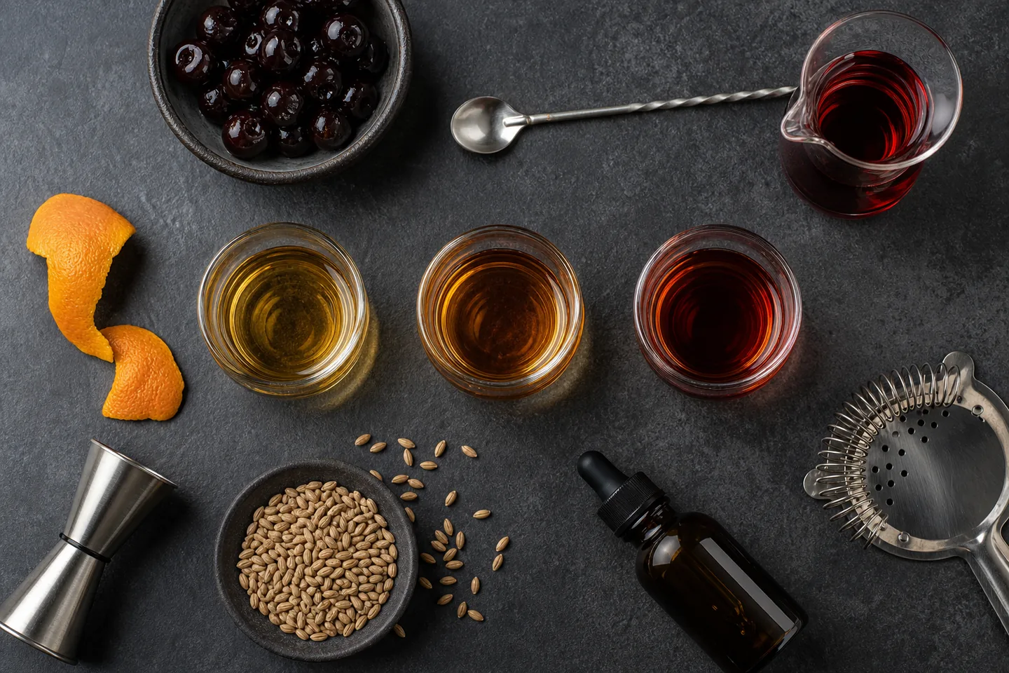 Tres perfiles de whisky junto a vermut, cerezas y utensilios para Manhattan