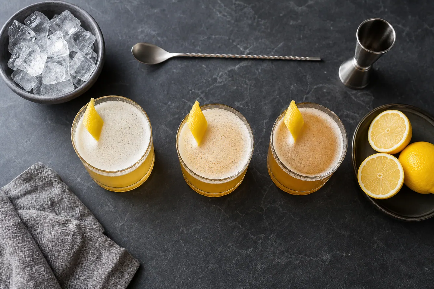Tres versiones editoriales de Whisky Sour comparadas junto a limón, hielo y utensilios de coctelería
