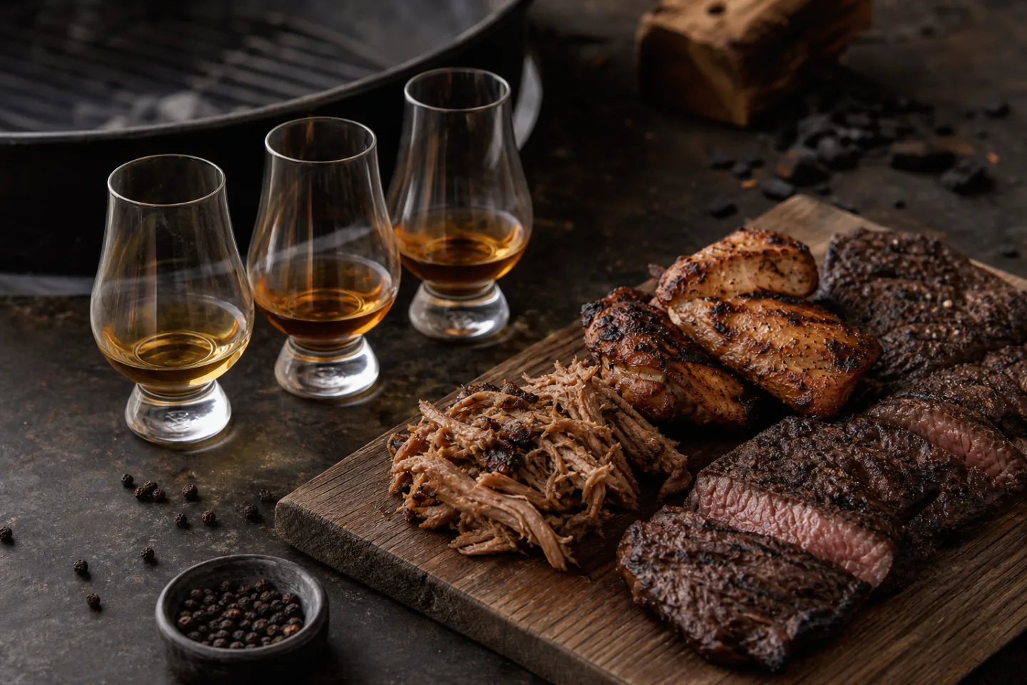Tres vasos de whisky junto a carnes de barbacoa de distinta intensidad