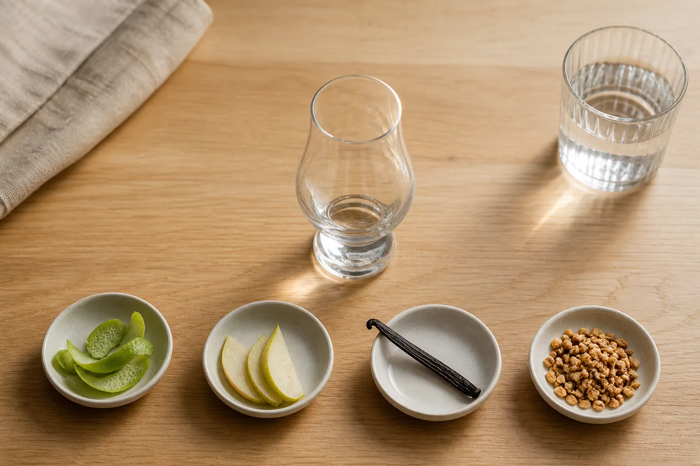 Referencias aromÃ¡ticas de fruta, vainilla y cereal junto a una copa de whisky