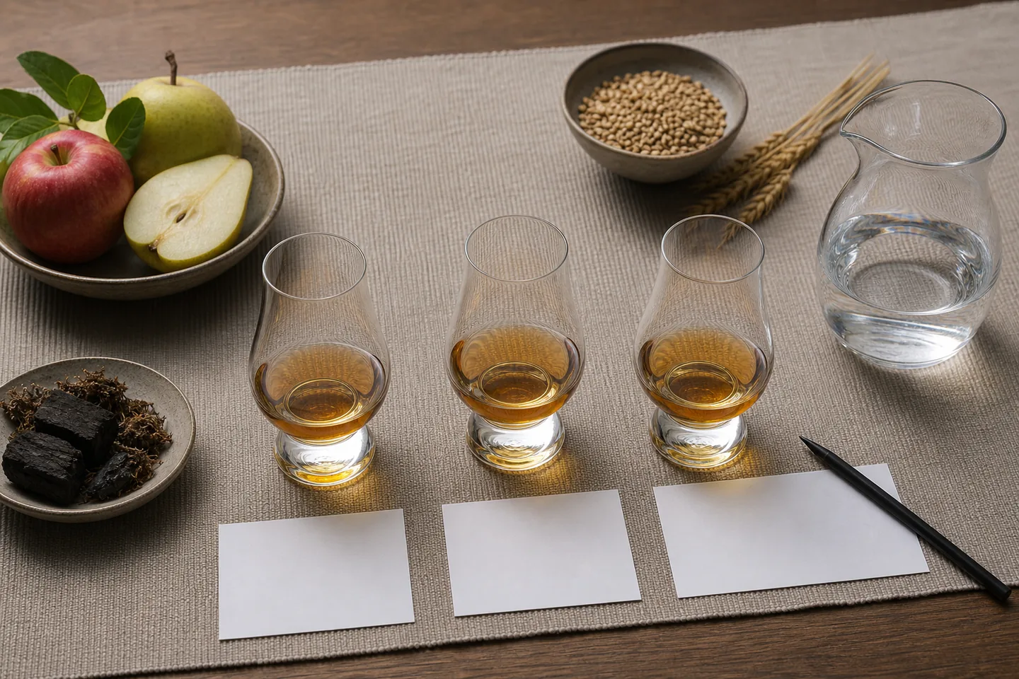 Comparación editorial de tres estilos de whisky de 12 años