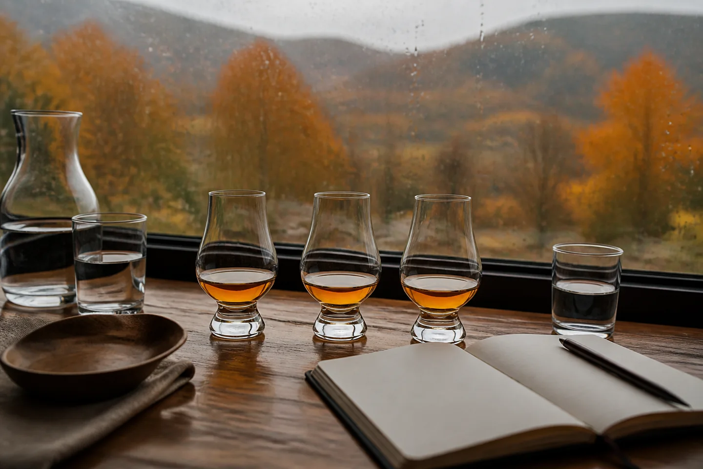 Tres copas pequeñas para comparar perfiles de whisky en una mesa de otoño