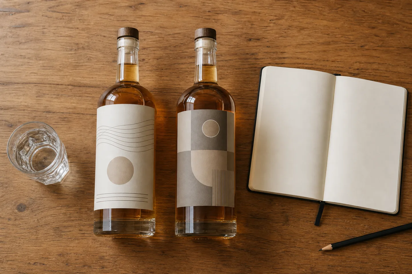 Dos botellas de whisky genéricas con etiquetas diferentes preparadas para comparar