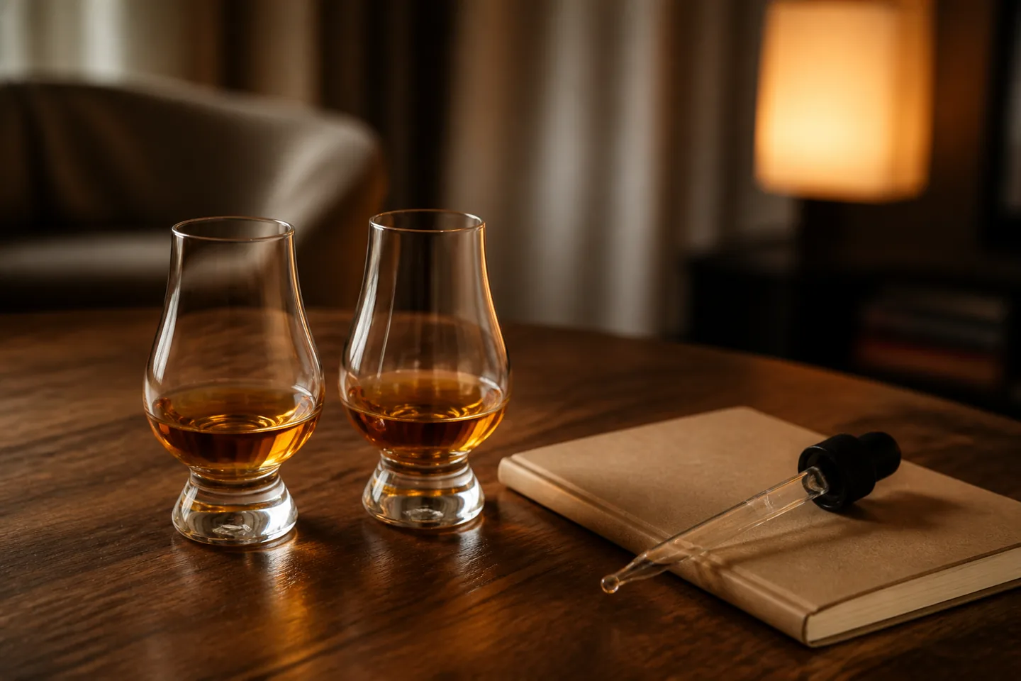Dos copas de whisky preparadas para comparar temperatura y dilución