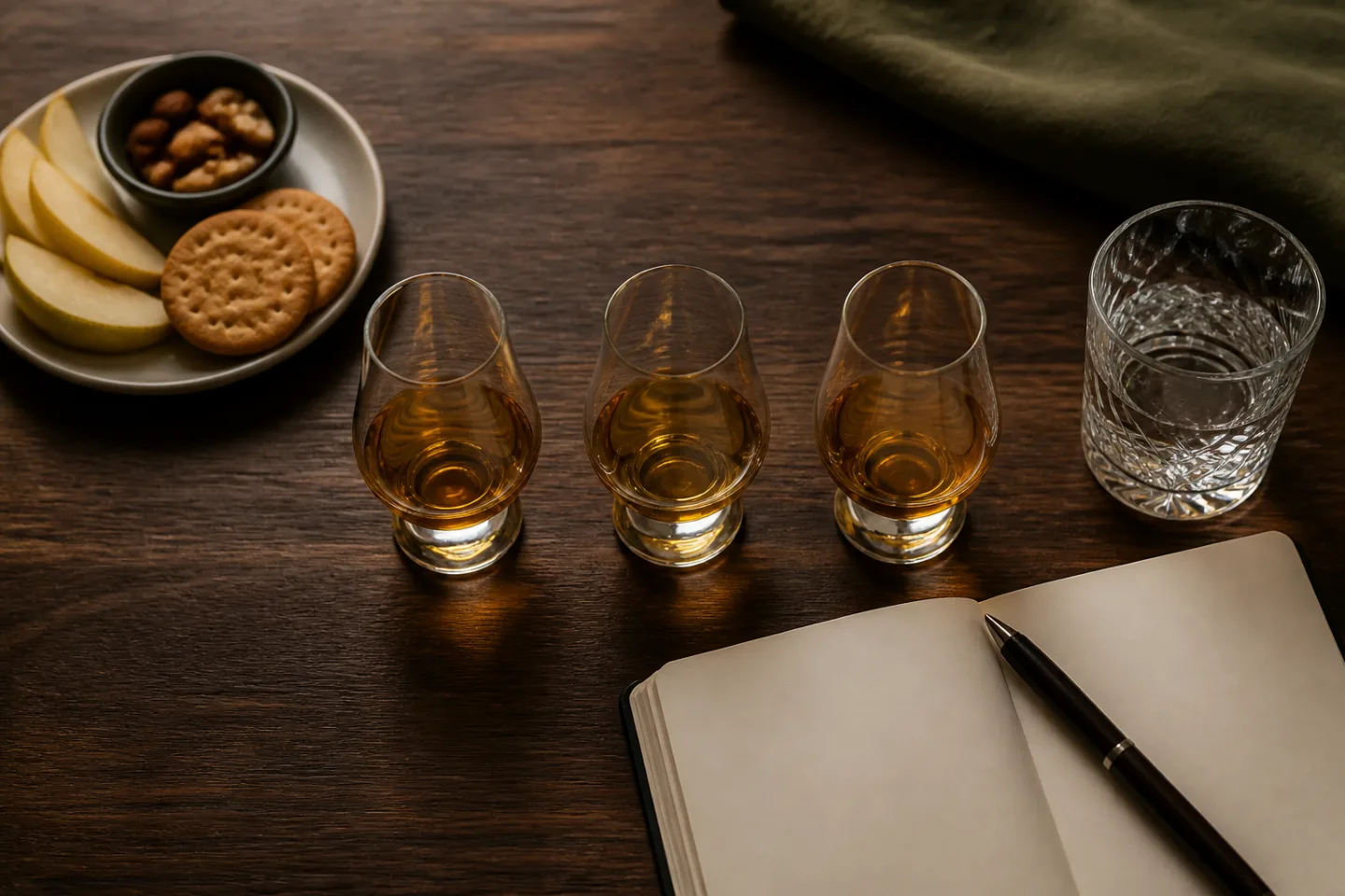 Tres copas pequeñas de whisky preparadas para comparar durante la sobremesa