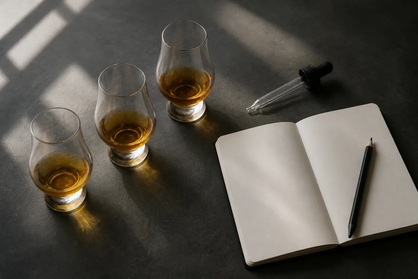 Tres copas de whisky comparadas junto a un cuaderno y un cuentagotas de agua