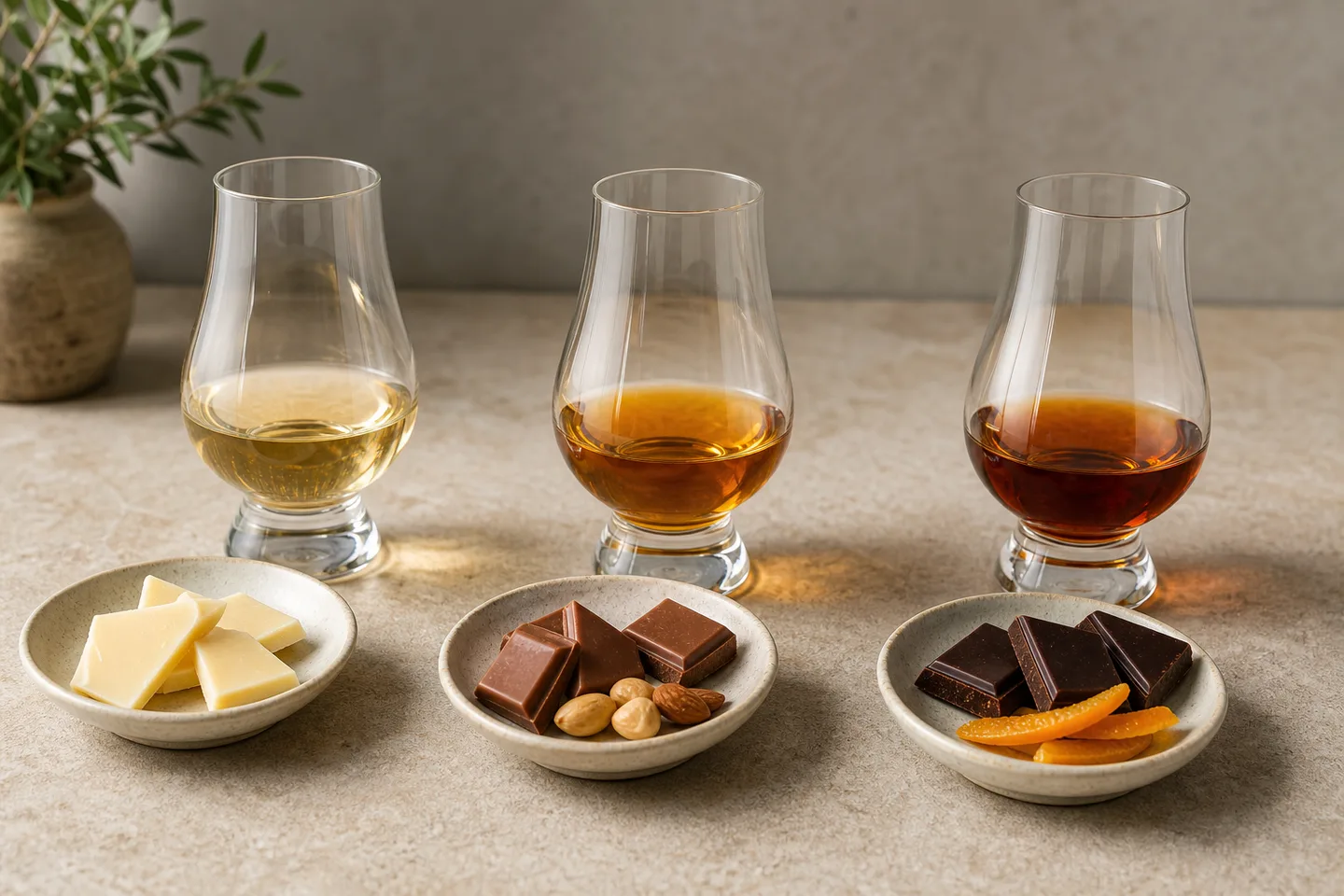 Tres combinaciones de whisky con chocolate blanco, con leche y negro