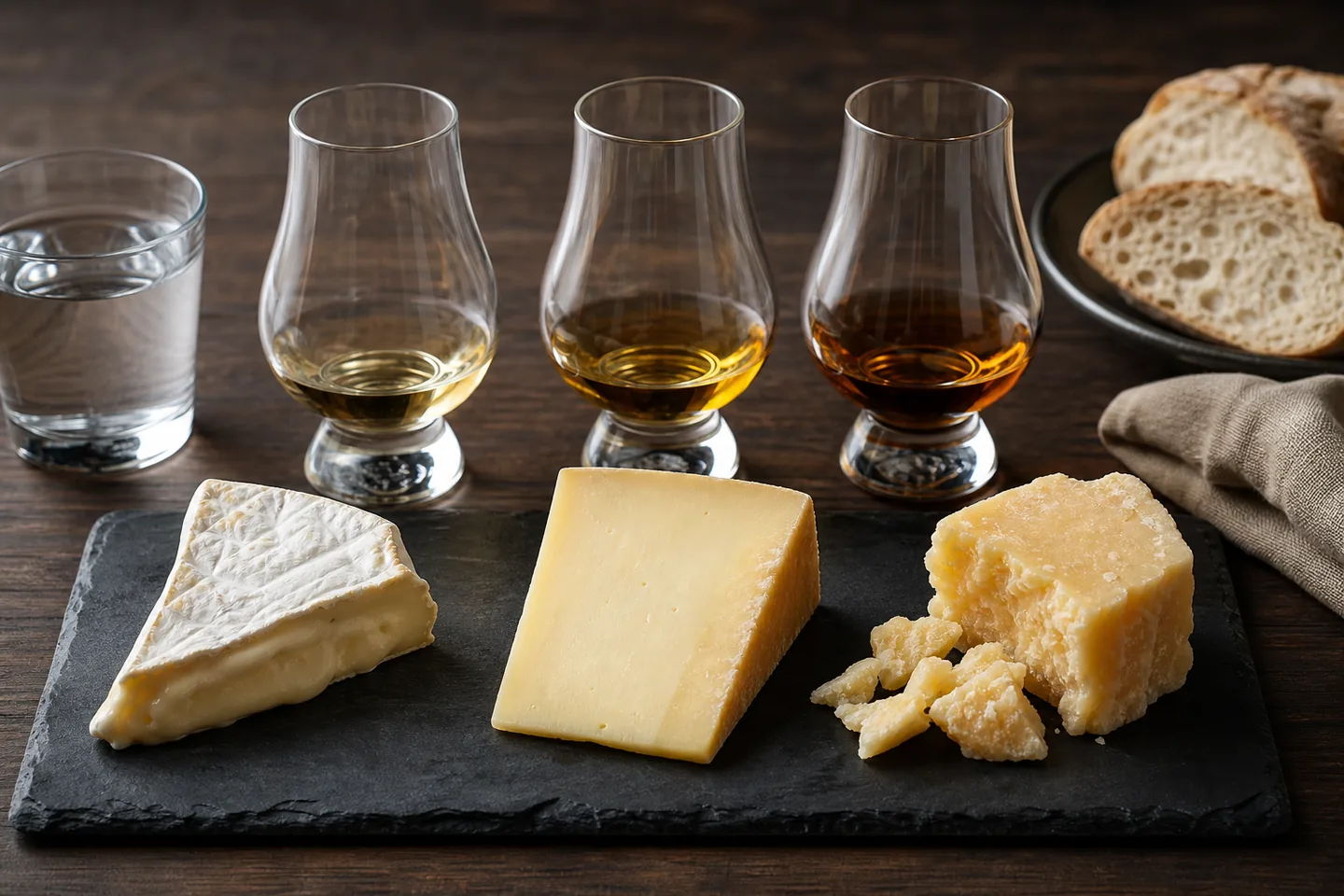 Tabla sobria de maridaje de whisky y quesos por intensidad