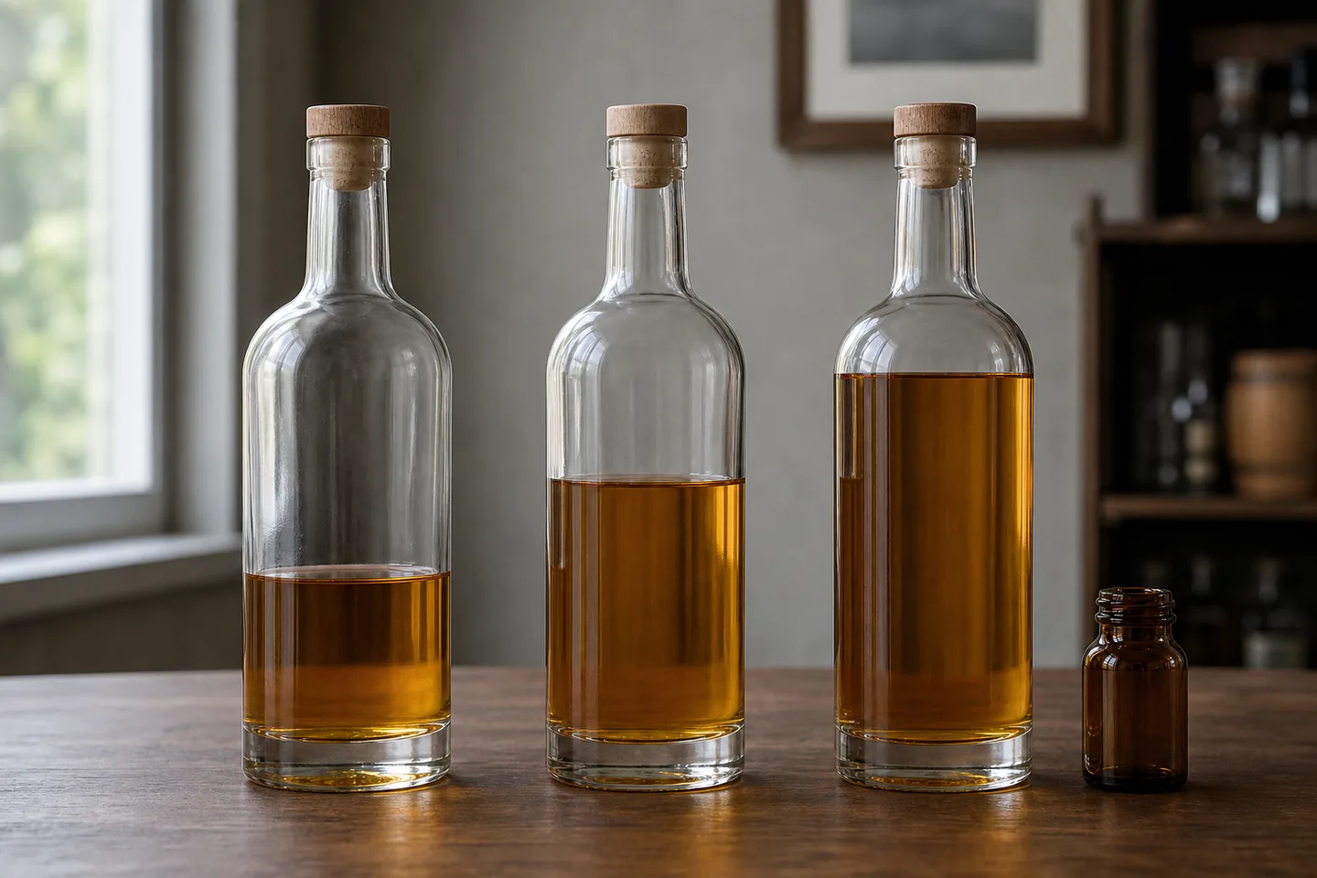 Tres botellas sin marca con distintos niveles de whisky, guardadas de pie