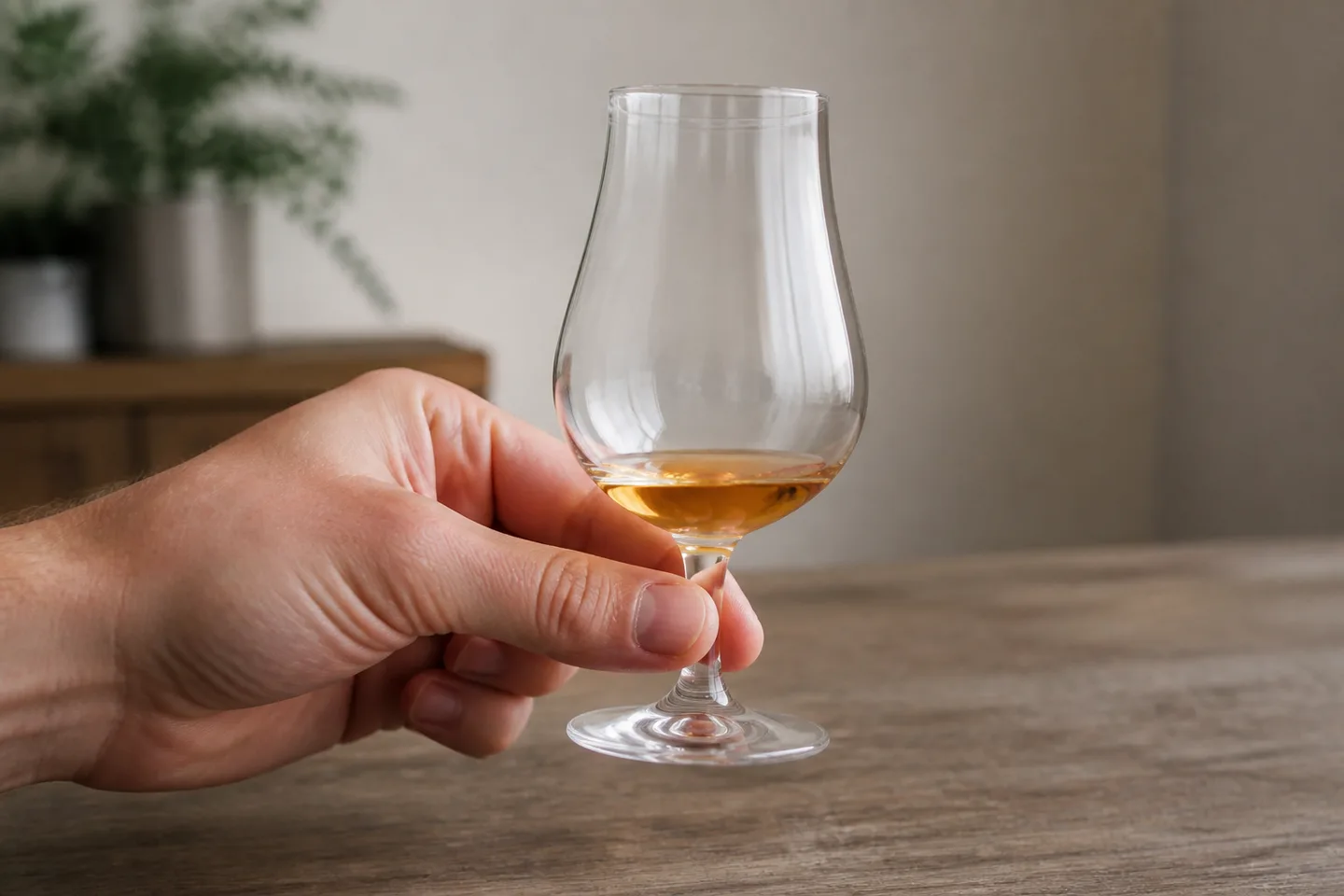 Mano sujetando una copa de whisky por la zona baja para reducir el contacto con el cáliz