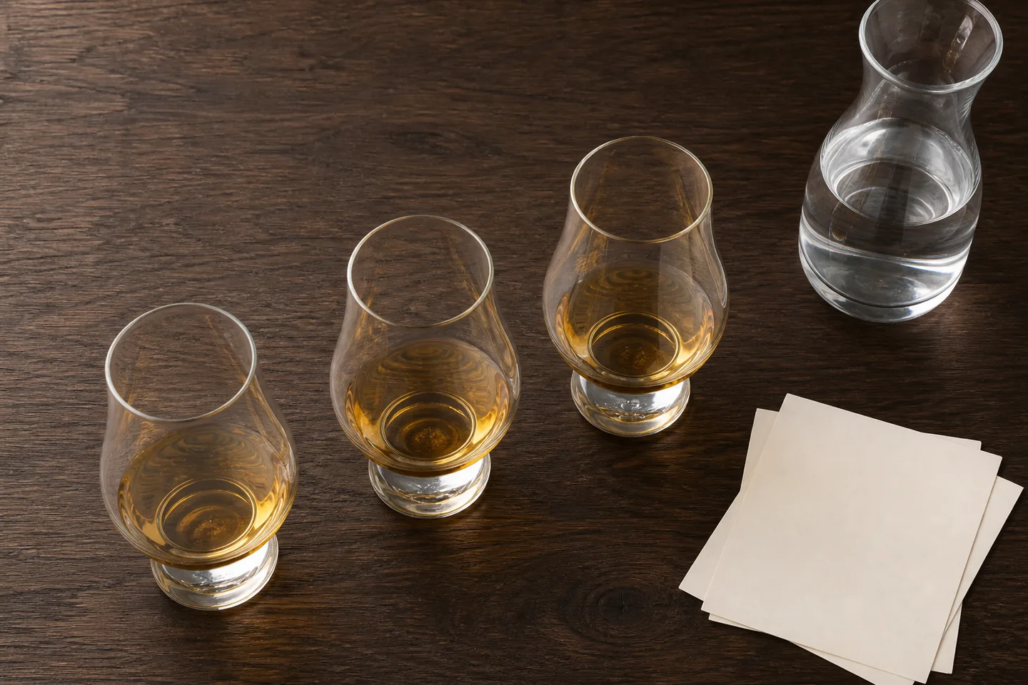 Tres copas de whisky preparadas para comparar una dilución gradual con agua