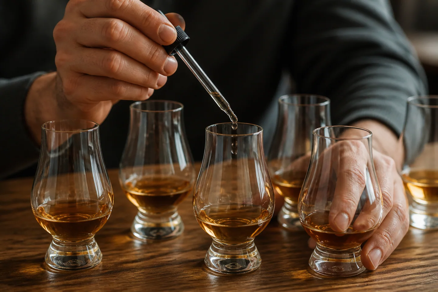 Gotas de agua junto a dos copas de whisky preparadas para comparar