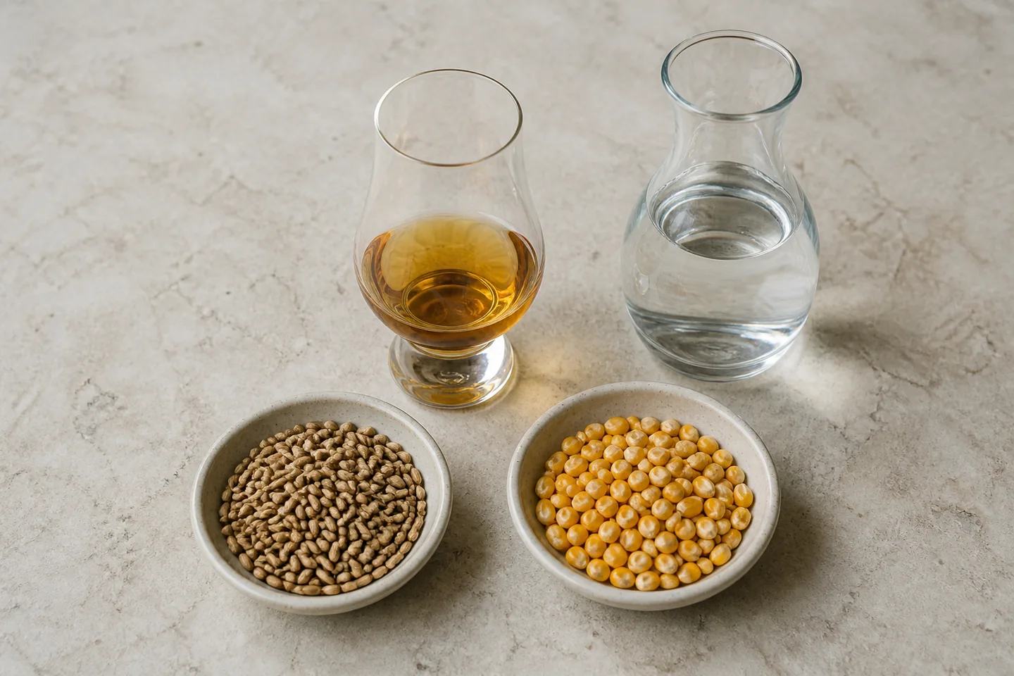 Copa, agua y cereales para comparar bourbon y rye