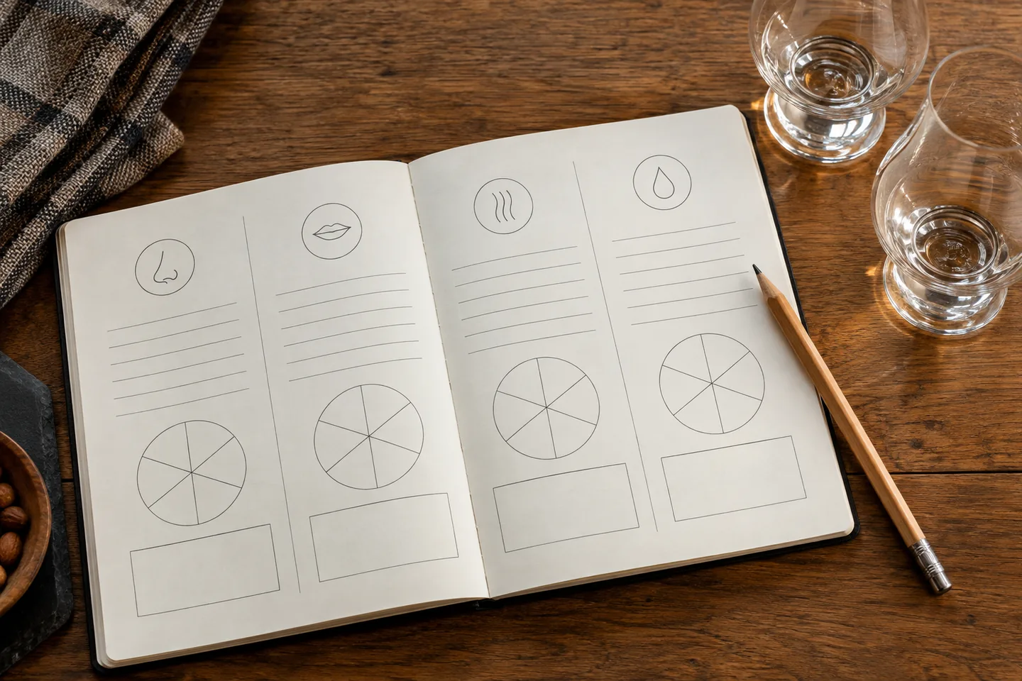 Cuaderno de cata de whisky abierto con campos para aroma boca y final