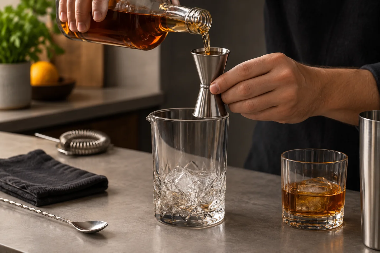 Medición cuidadosa con un jigger para cócteles de whisky