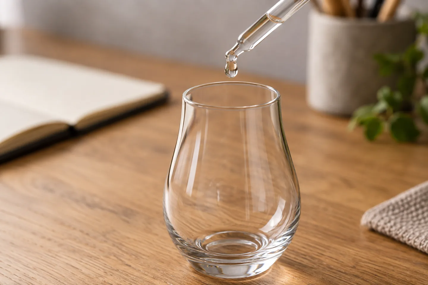 Gotas de agua añadidas con pipeta a un vaso de whisky