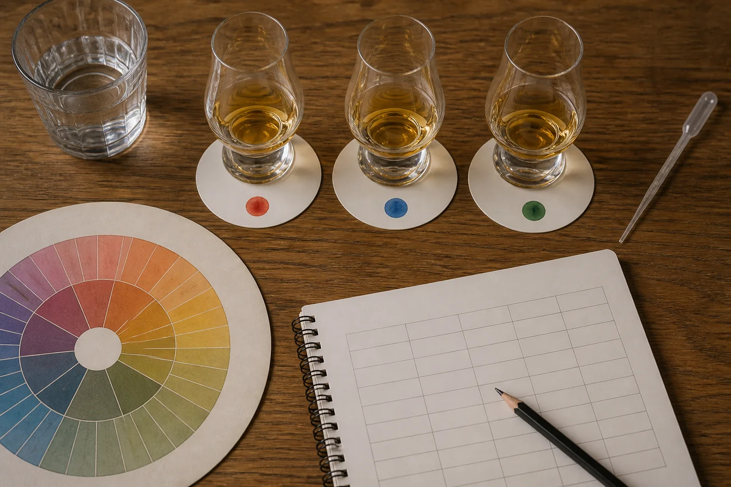 Comparación de muestras numeradas durante una cata de whisky a ciegas