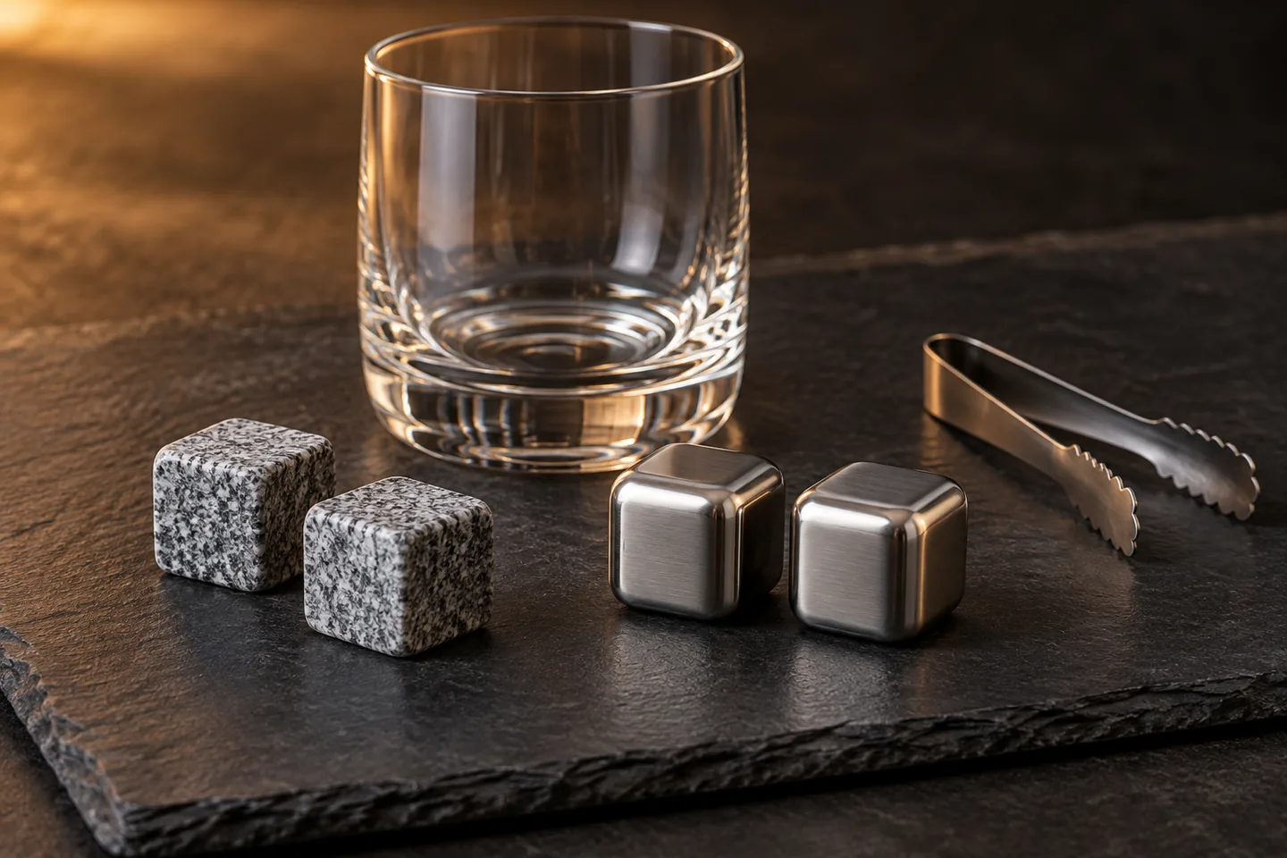Comparación de cubos de acero y piedras de granito junto a una copa sin marca
