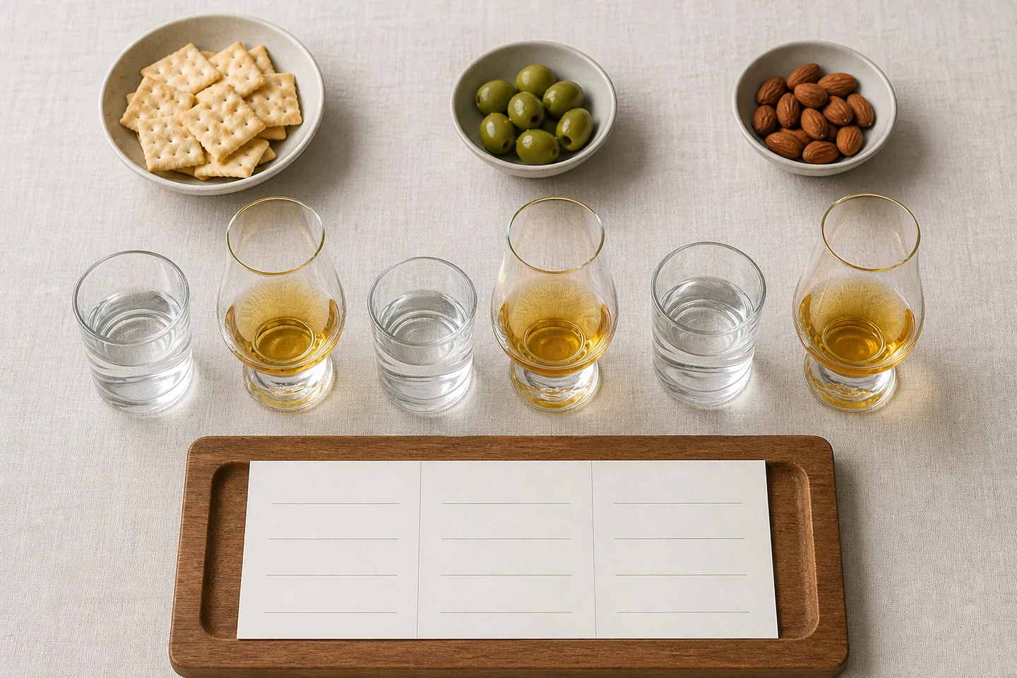 Comparación responsable de tres perfiles de whisky para el aperitivo con agua y aperitivos sencillos