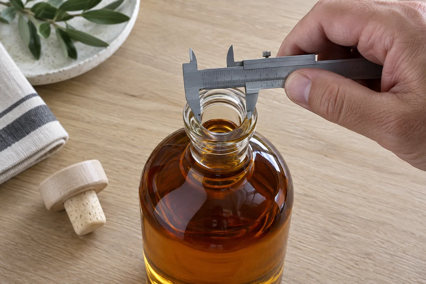 Medición del cuello de una botella antes de elegir un tapón