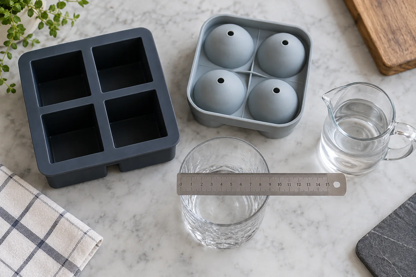 Medición de un vaso junto a moldes de hielo cuadrados y esféricos