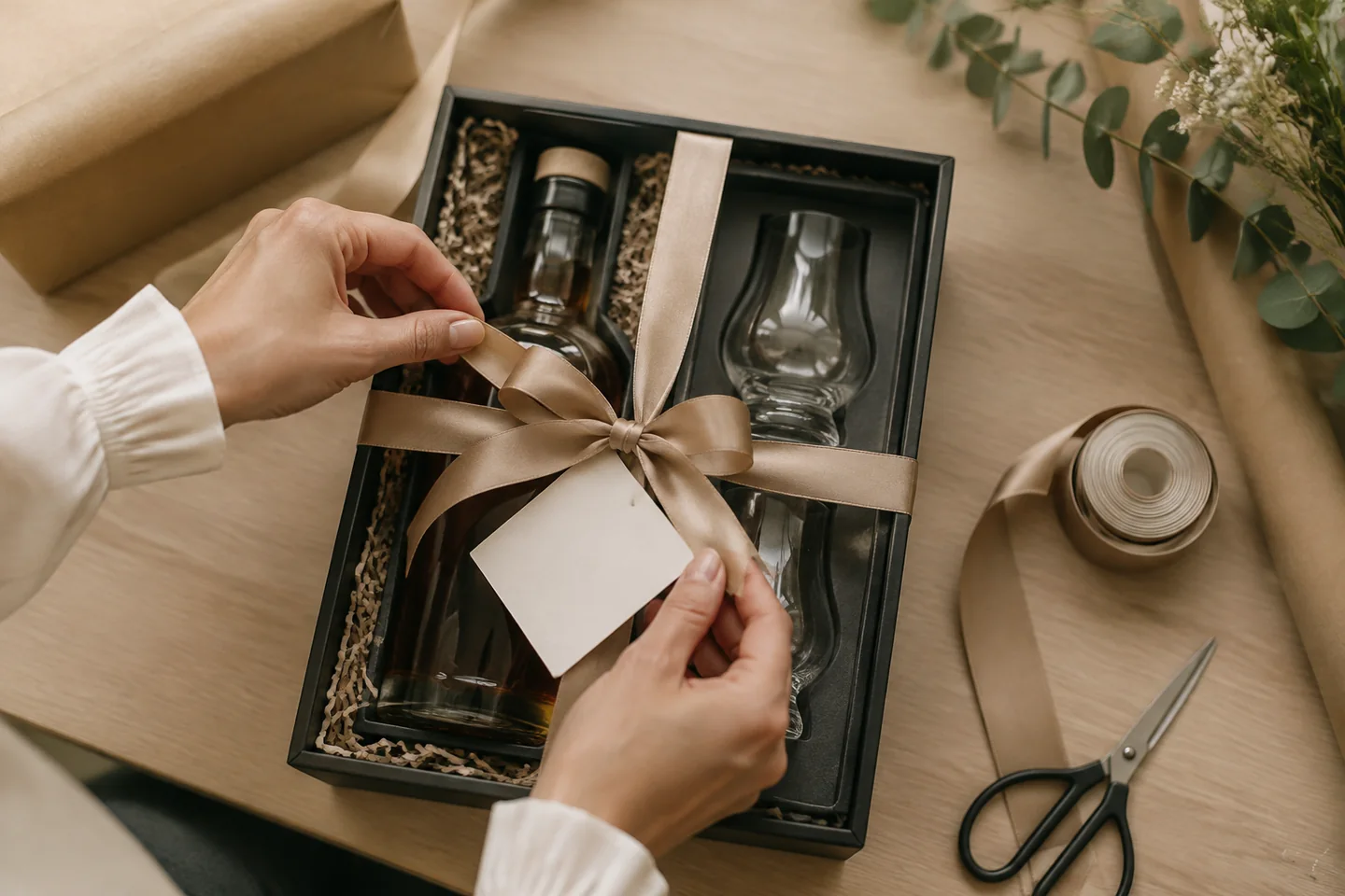 Preparación de una caja de whisky para regalar en una boda