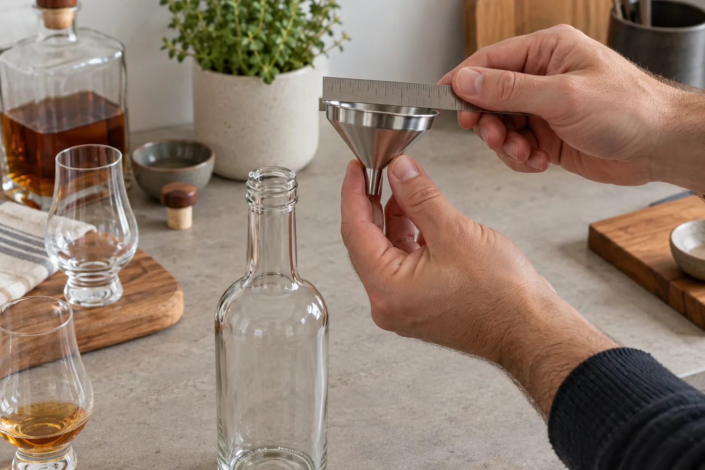 Medición de un embudo para botella de whisky