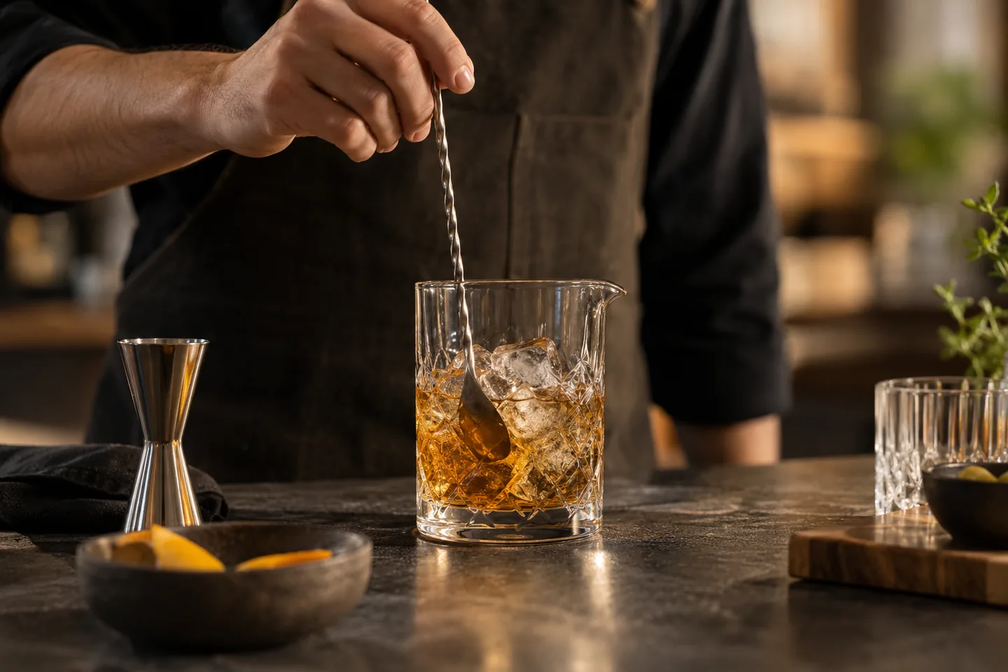Técnica de giro con cuchara de bar para cócteles de whisky