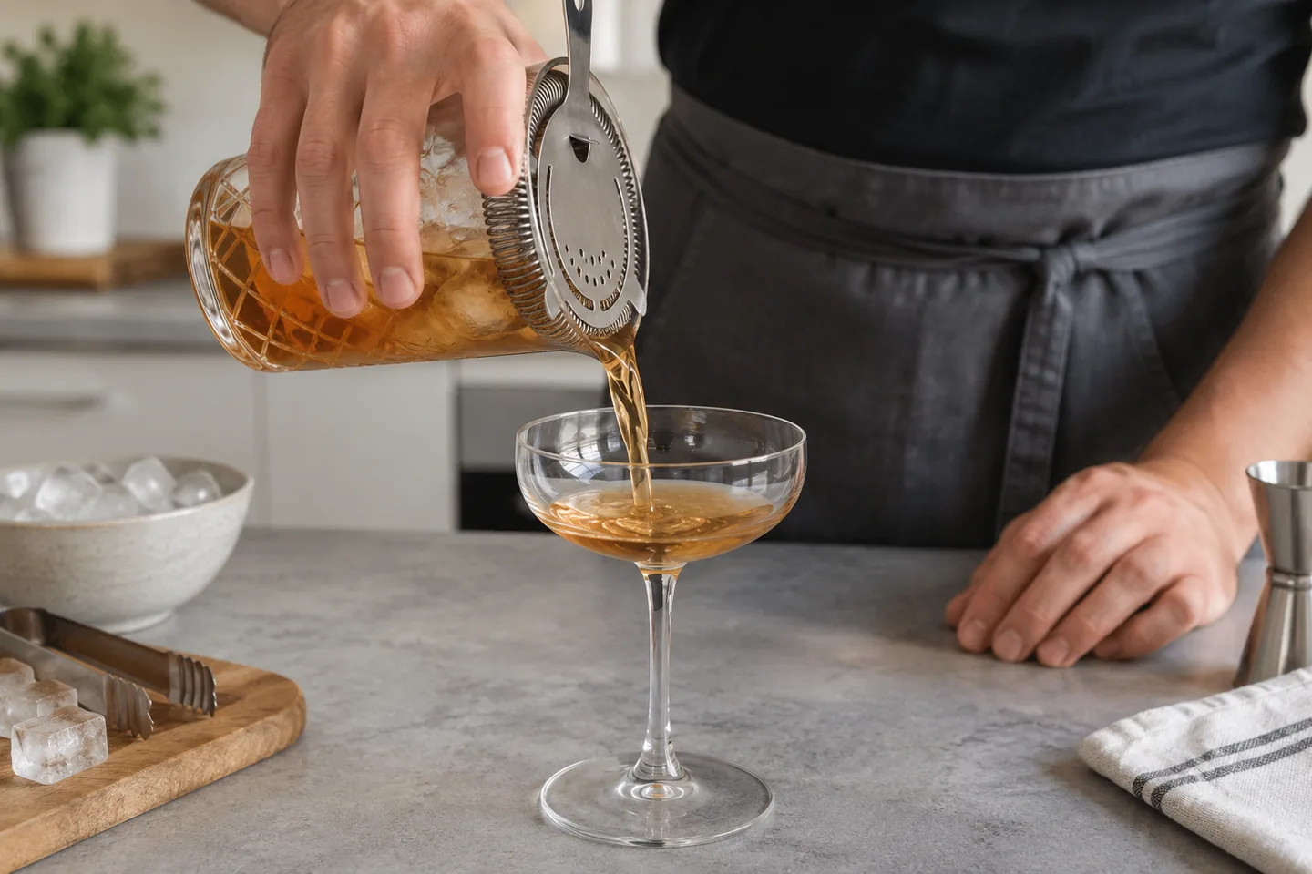 Uso controlado de un colador Hawthorne para cócteles de whisky