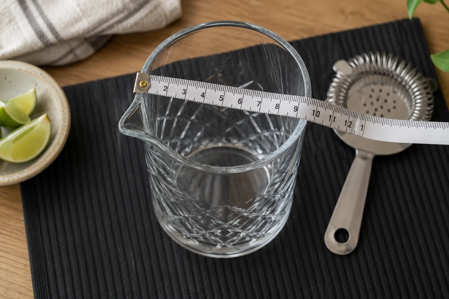 Medición del diámetro de un vaso mezclador para cócteles de whisky