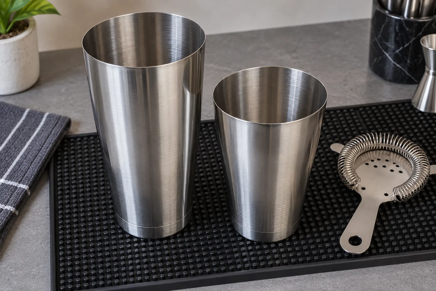 Dos vasos metálicos de una coctelera Boston para cócteles de whisky