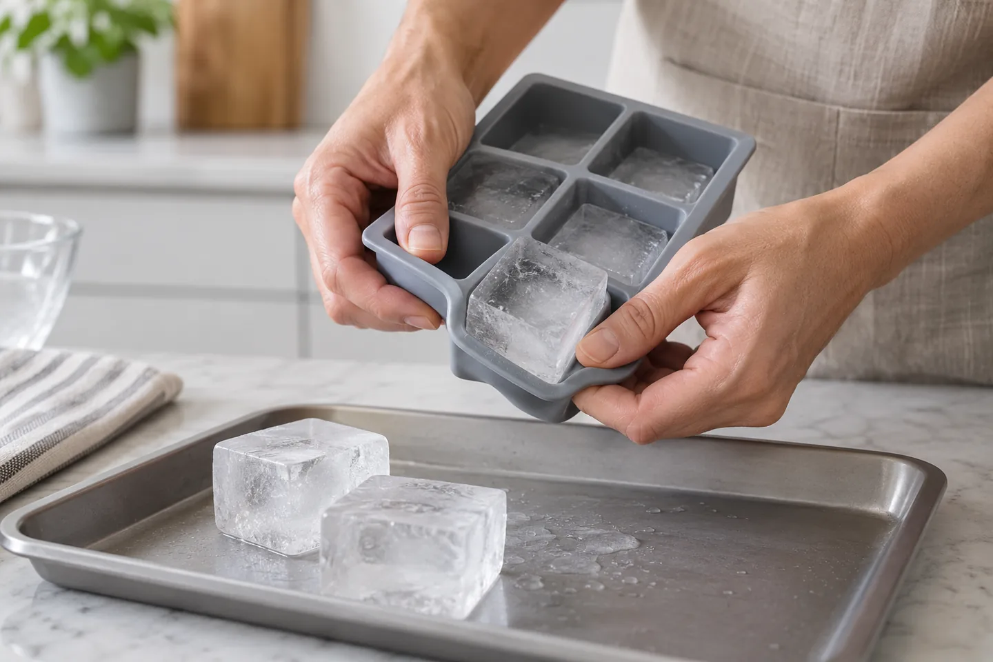 Desmolde cuidadoso de un cubo grande de hielo sobre una bandeja