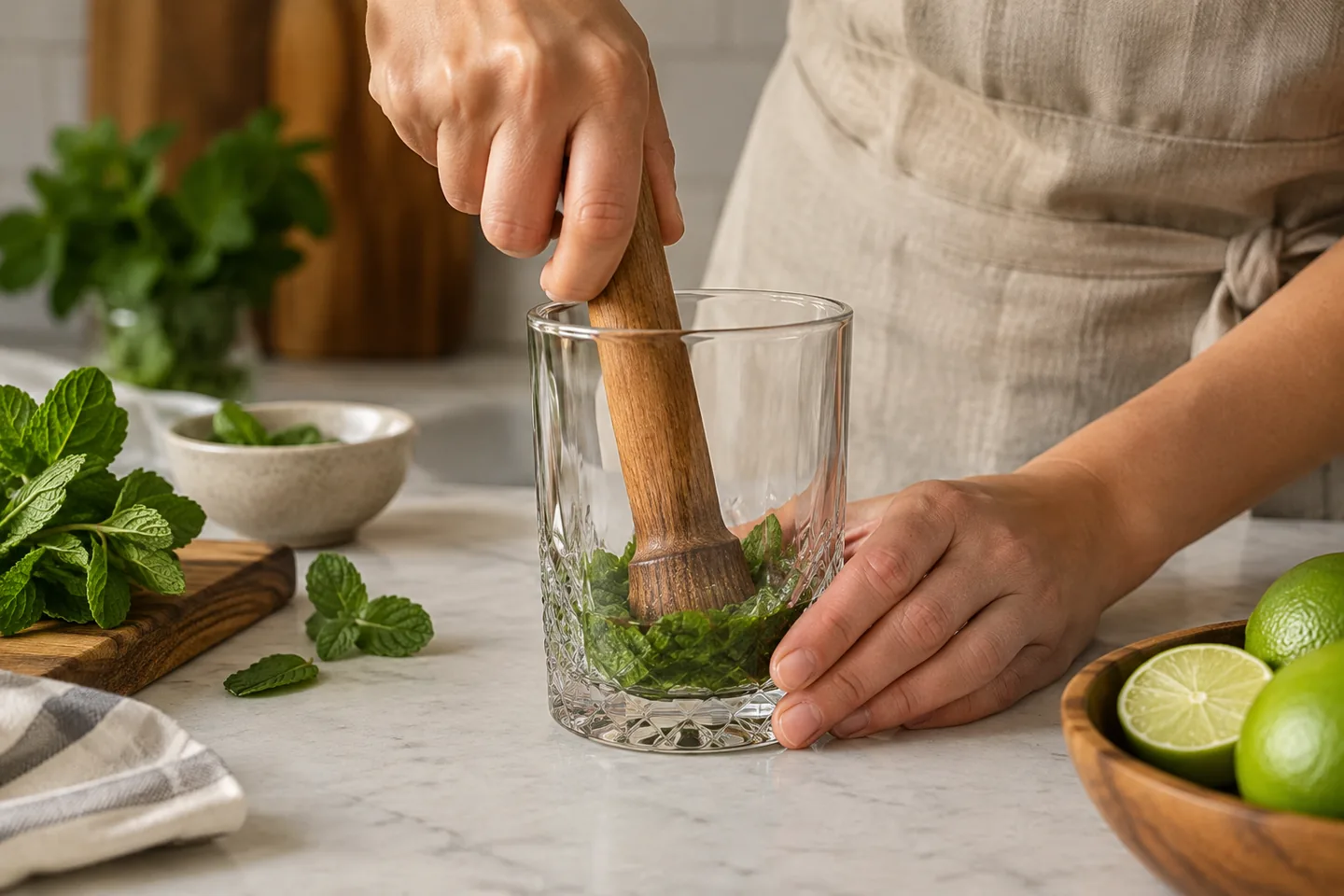Presión suave con un majador sobre hojas aromáticas en un vaso resistente