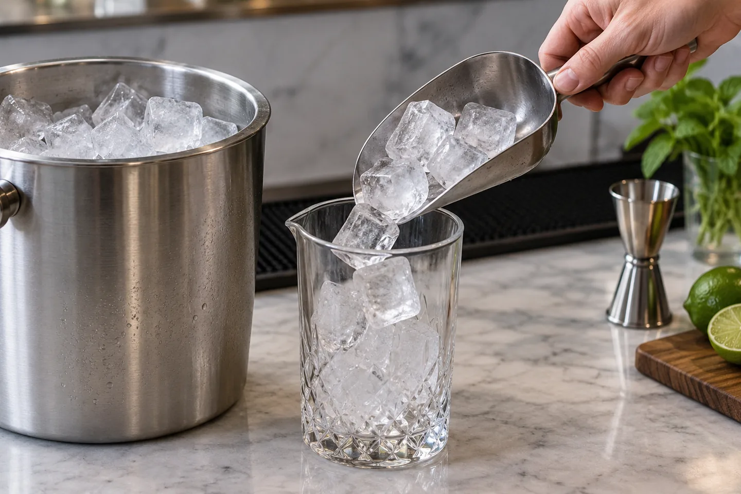 Mano adulta sirviendo hielo con una pala de acero inoxidable