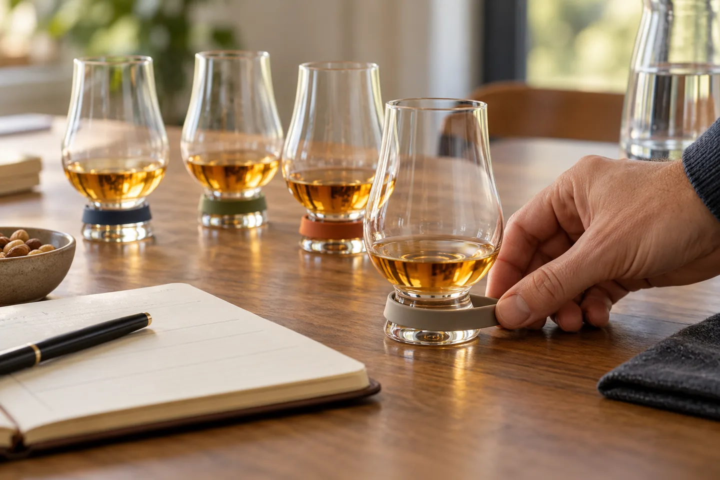 Colocación de un marcador de silicona en una copa de whisky