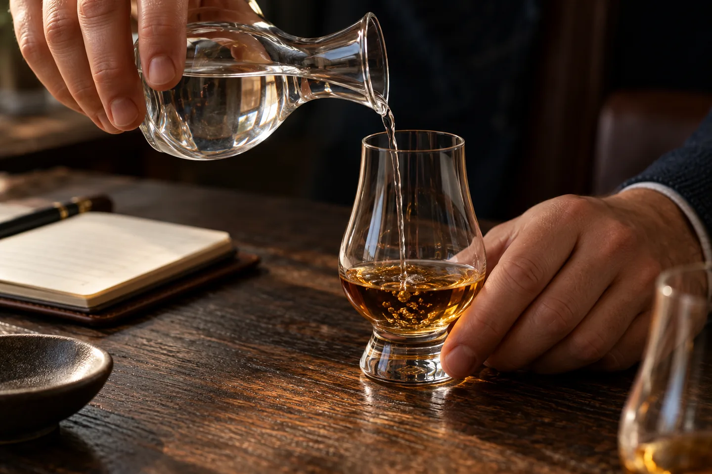 Vertido controlado de agua desde una jarra a una copa de whisky