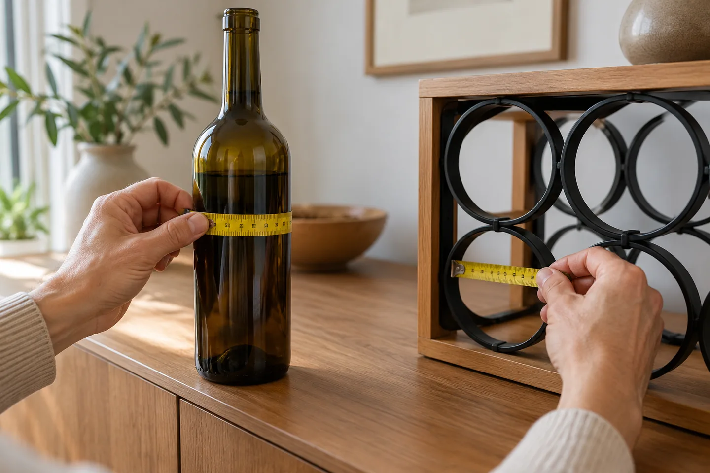 Medición de una botella y el hueco de un botellero de sobremesa